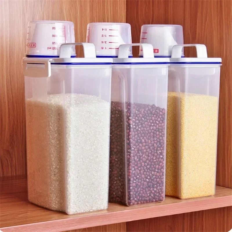 2KG Transparent Airtight Rice Storage Bucket with Measuring Cup