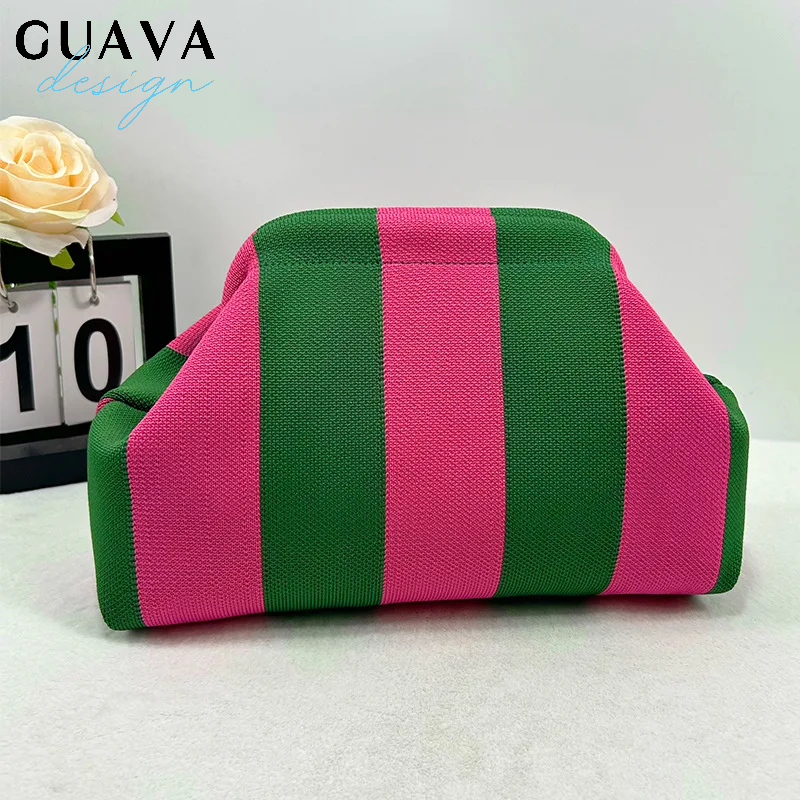 Contrast Crochet Handbag, Women Knit Stripe Purse, Summer Beach Clutch, Colorblock Dumpling Bag for Travel and Casual