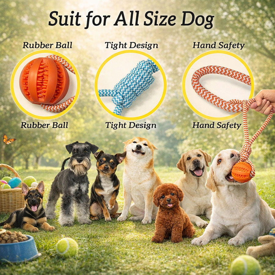 Interactive Dog Tug Toy with Rubber Ball Durable Rope Training Toy for Small Medium Dogs