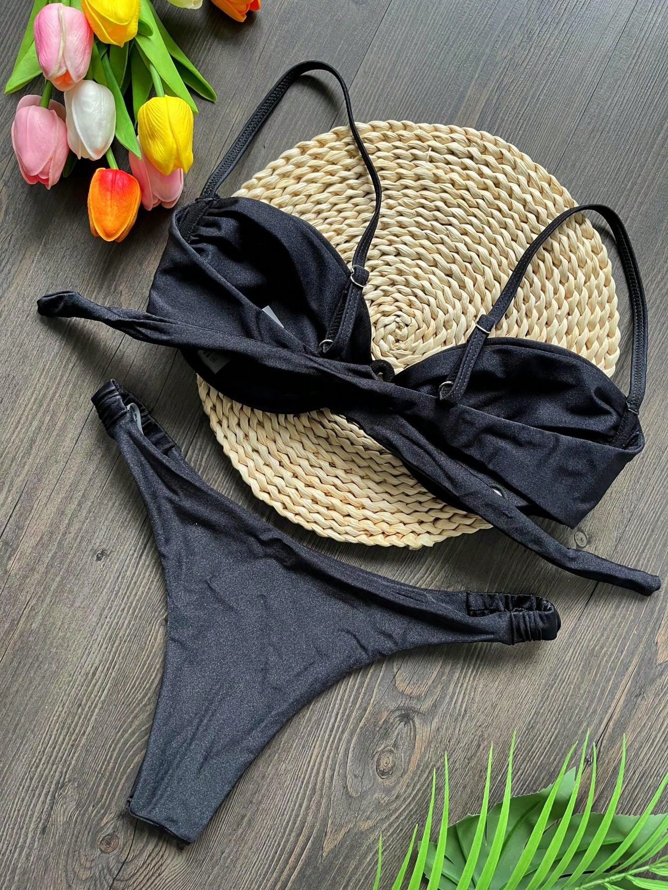 Flower Bikini Set Women Black White, V Wire Underwired Mini Swimsuit, Sexy Beach Bathing Suit, Pleate Thong Swimwear