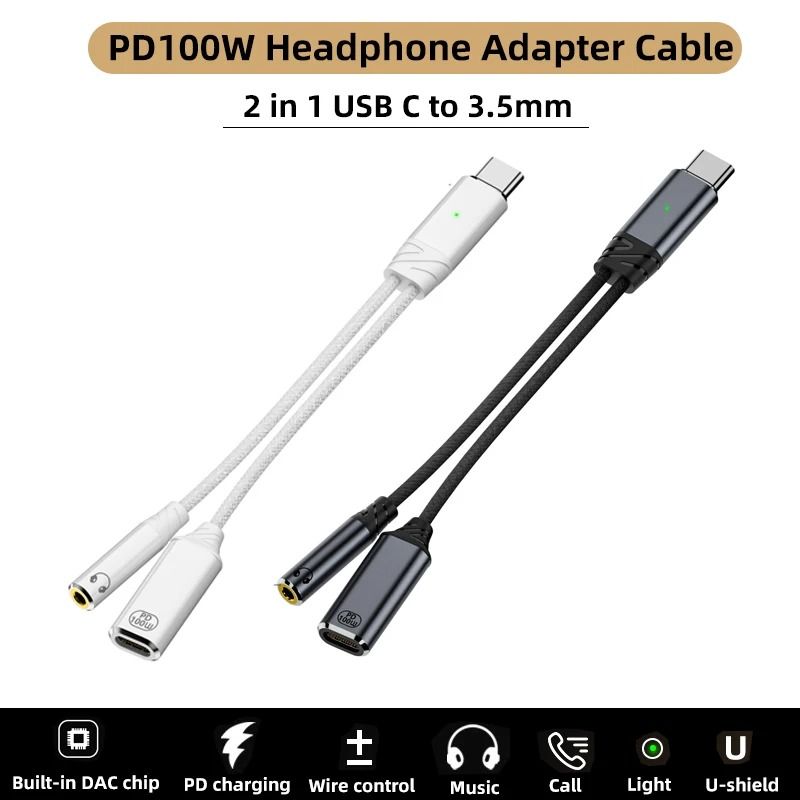 2 in 1 USB C to 3.5mm Headphone Adapter AUX Audio Cable for Smartphones