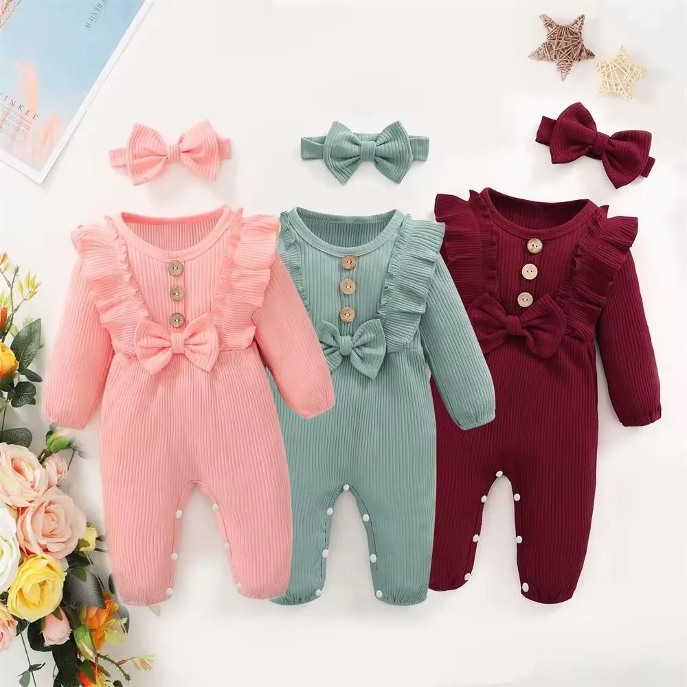 2-Piece Newborn Girl Ruffle Romper & Headband - Long Sleeve Autumn/Winter Bodysuit