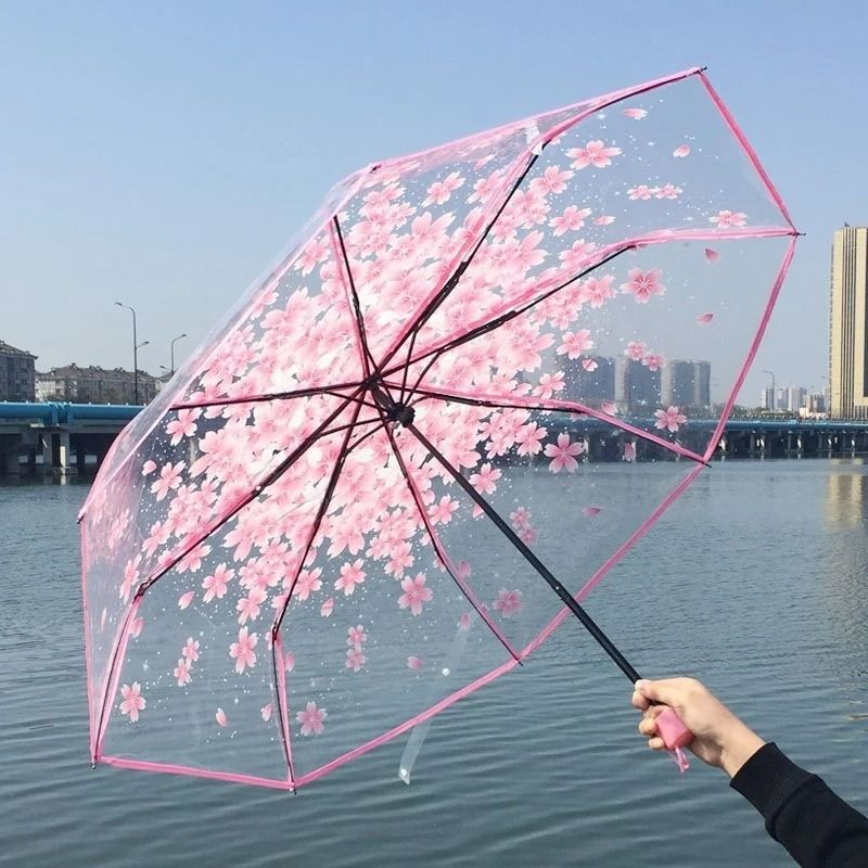 Cherry Blossom Transparent Trifold Umbrella Cute Korean Style Rain Umbrella