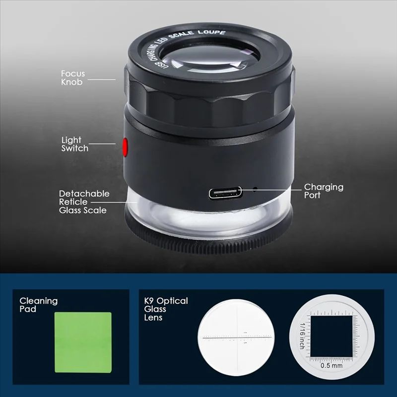 TFORU 10X Rechargeable LED Jewelry Loupe Magnifier with UV Light & Measuring Scale – Adjustable Focus 25mm Lens
