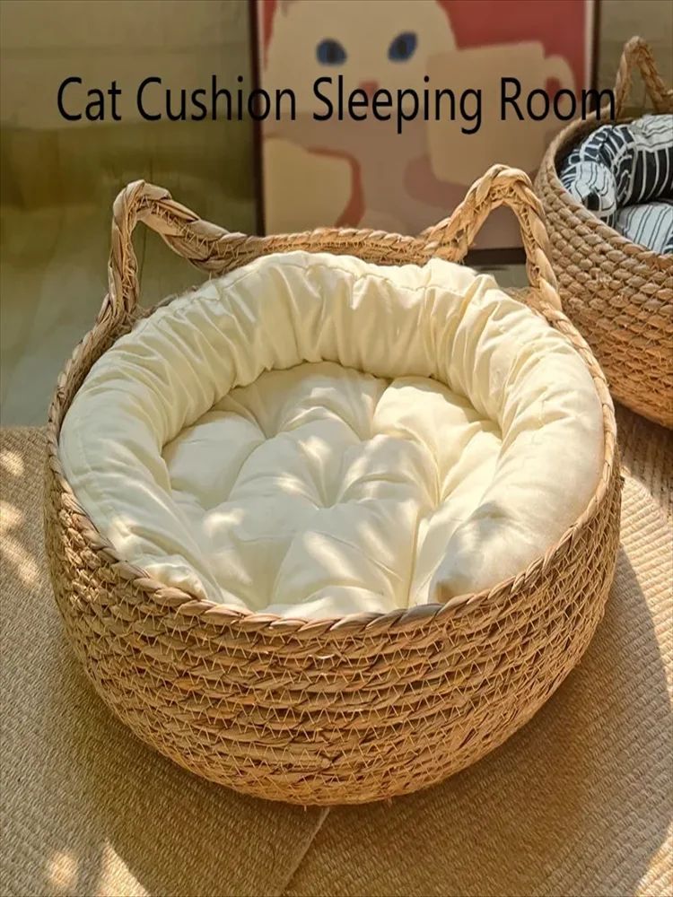 Handwoven Rattan Cat Bed with Removable Cushion – Cozy All-Season Cat Nest Baske