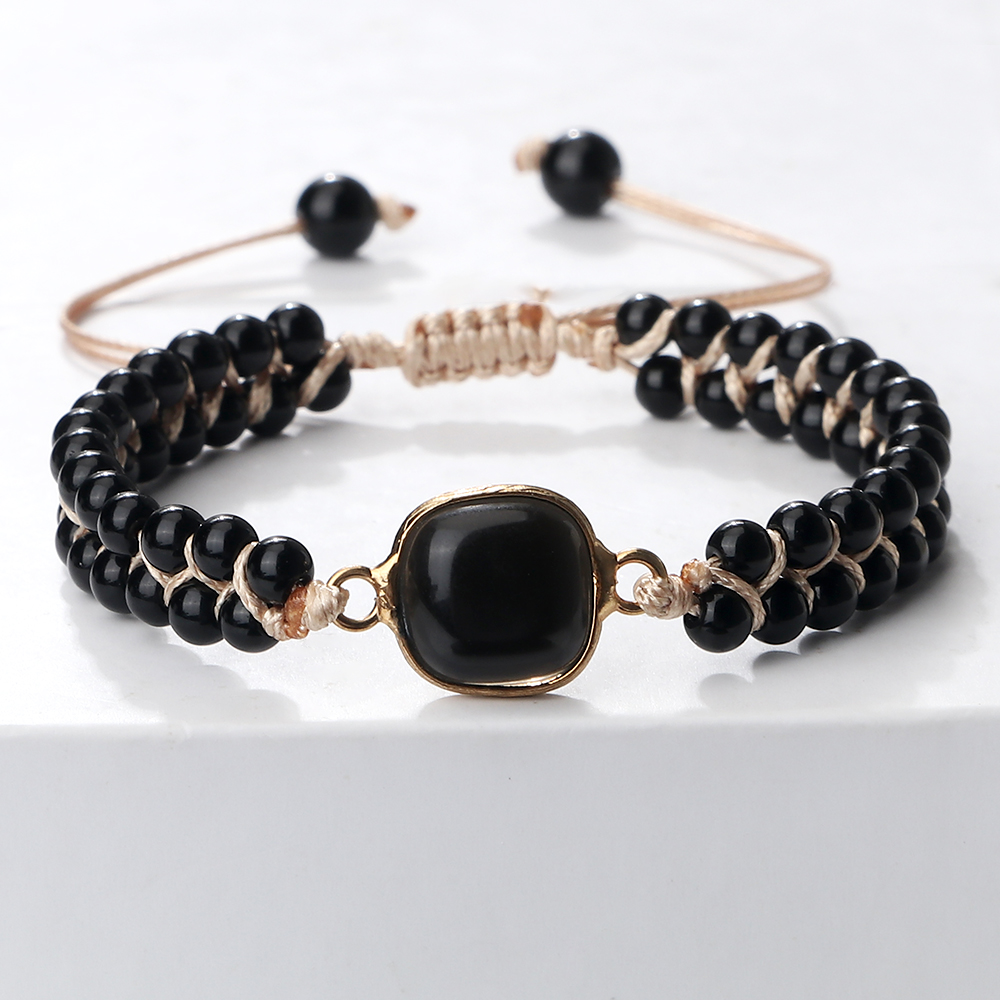Black Onyx Braided Bracelet, Handmade Adjustable Obsidian Pendant, Women Wrist Bangle, Men Prayer Jewelry Gift