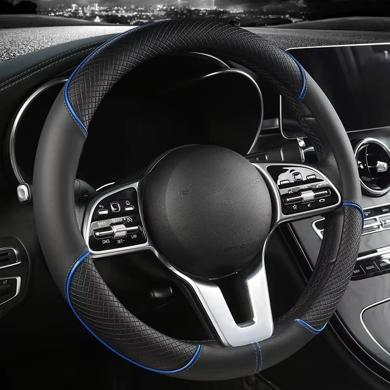 Leather Steering Wheel Cover – Diamond Pattern Anti-Slip Universal 14.5–15 in Car Wheel Protector