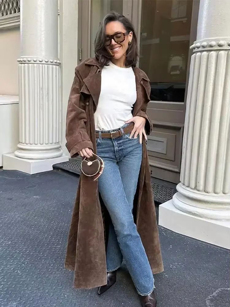 Chic Double Breasted Windbreaker Coat Faux Deer Fur Coat Women Elegant Lapel Autumn Coat