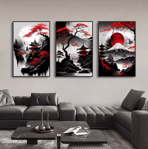 Vintage Japanese Landscape Wall Art Set Black & Red Oriental Canvas Prints (3PCS)
