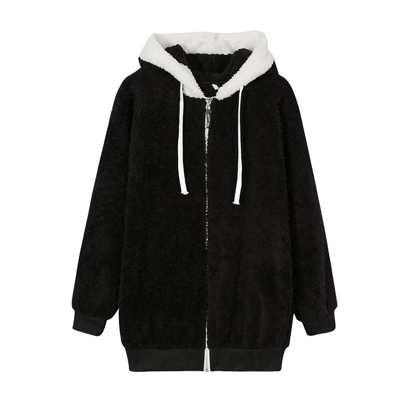 Cozy Womens Plush Hooded Jacket Loose Zip Up Winter Fleece Coat