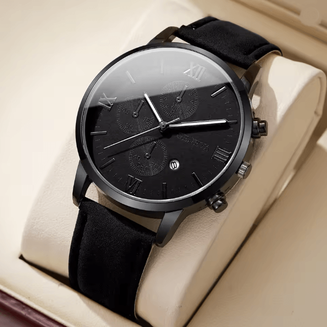 Mens Roman Dial Quartz Watch Leather Band Business Style