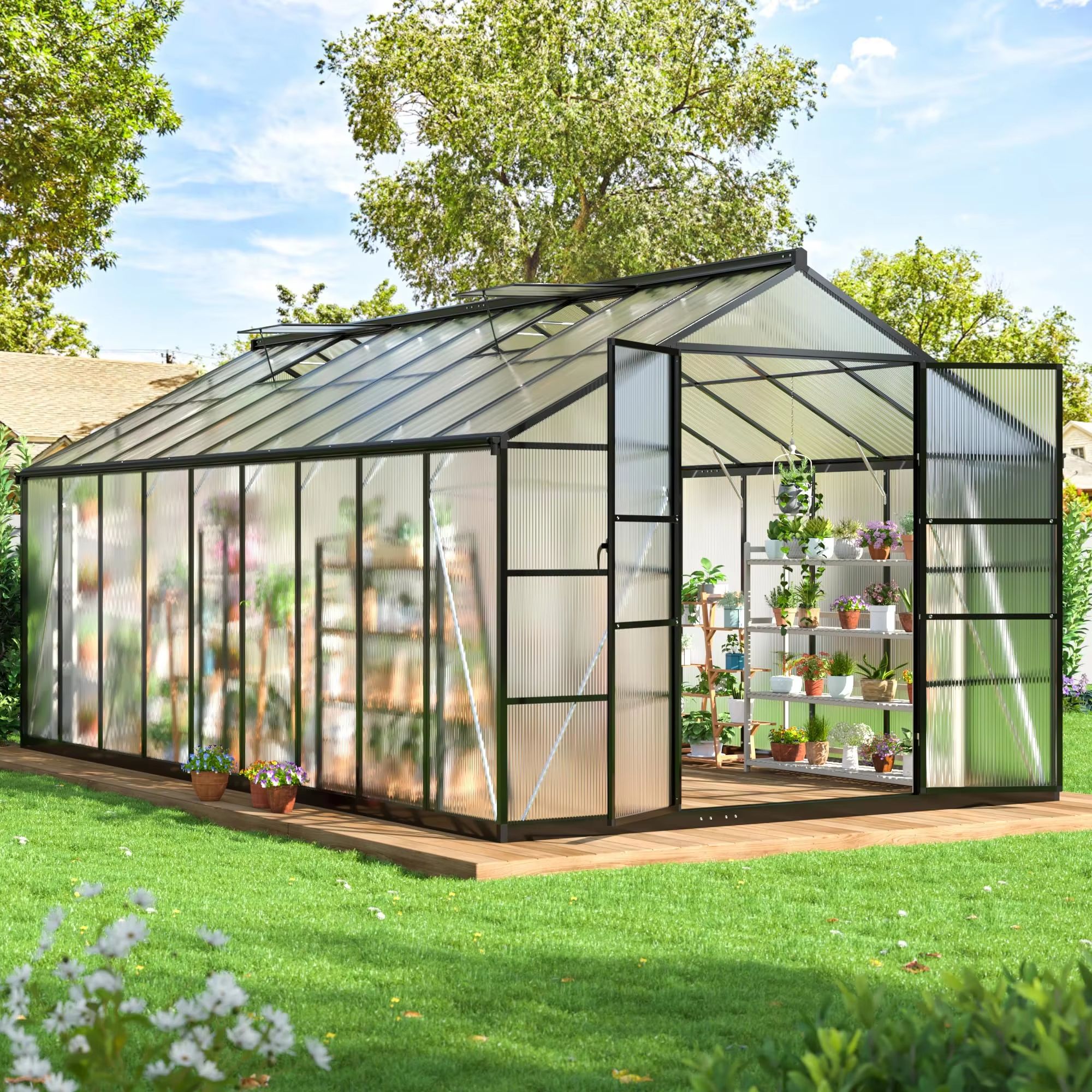 VIWAT Polycarbonate Greenhouse with Aluminum Frame and Vent Roof UV Protected Backyard Garden Structure