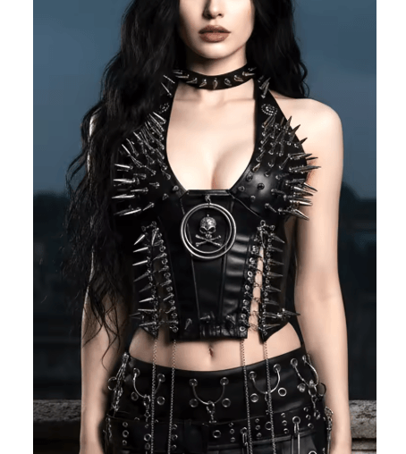 Spiked Gothic Punk Tank – Y2K Grunge PU Leather Alternative Top for Women