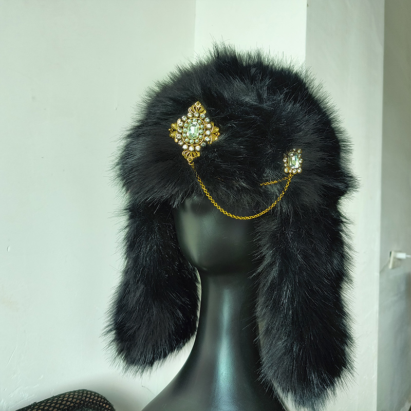 Womens Designer Luxury Bomber Hat, Ski Cap Faux Fur Pilot Hat, Diamond Thickened Winter Hat with Versatile Warm Ear