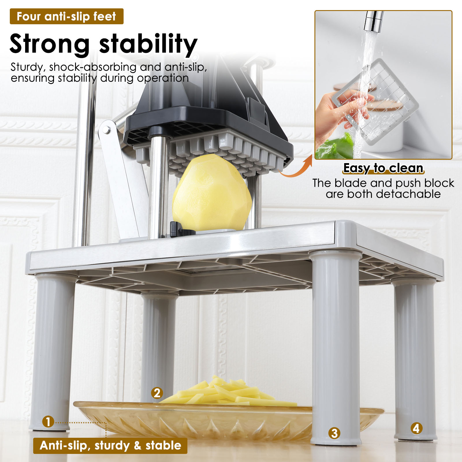 Stainless Steel French Fry Cutter & Vegetable Chopper with Replacement Blades