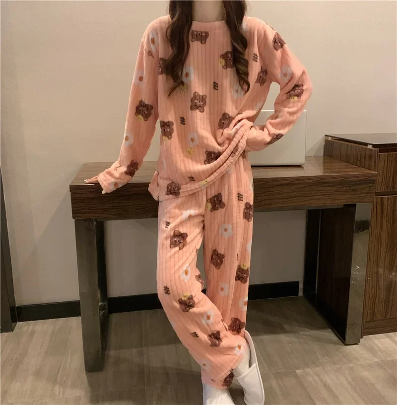 Flannel Women's Pajamas, Warm Fall and Winter Loungewear, Peach Sleepwear, Coral Velvet Nightwear