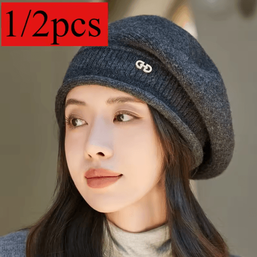 Wool Knitted Hat Autumn and Winter Warm Pile Up Beanie for Middle Aged and Elderly