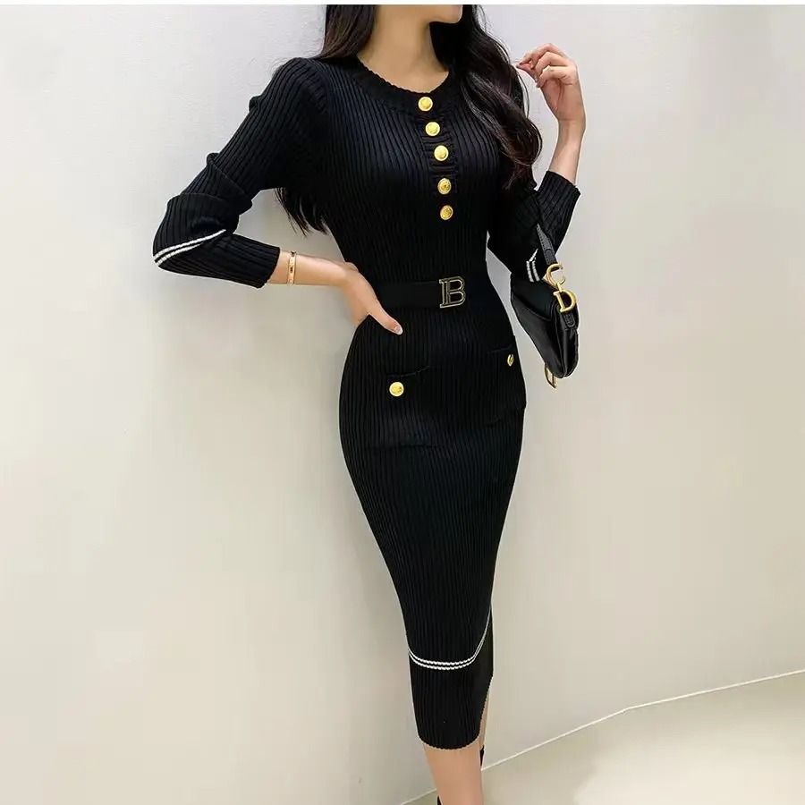 French Style Celebrity Temperament Round Collar Slim Bottom Wrap Hip Autumn Winter Dress