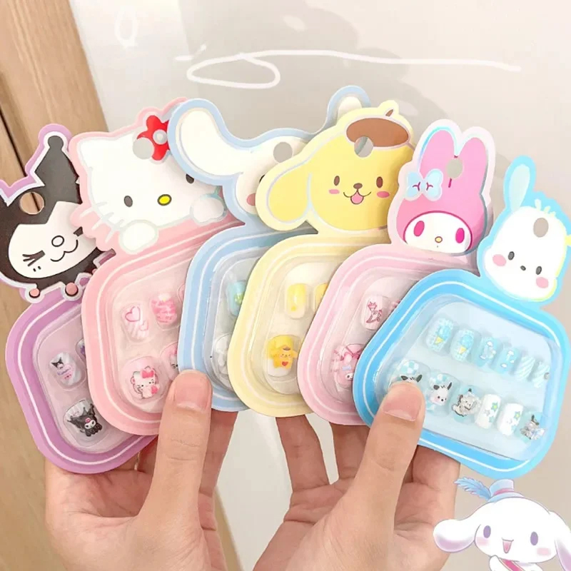 3D Rhinestones Sanrio Hello Kitty, Kuromi, My Melody Kids Press-On Nails with Bows, Self-Adhesive Nail Stickers