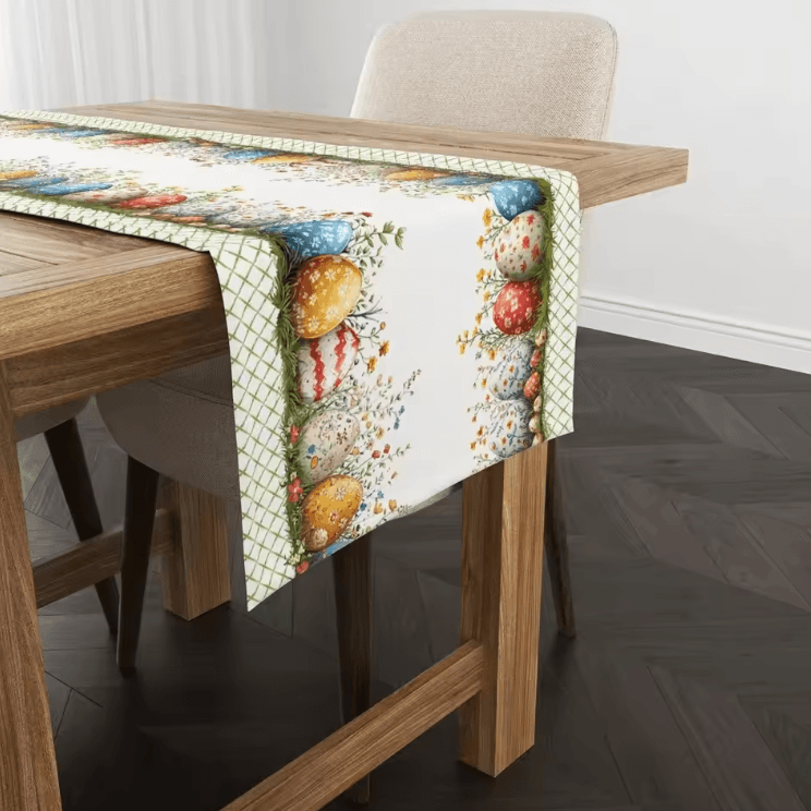 Scandinavian Easter Egg Table Runner – Plaid Floral Spring Table Decor