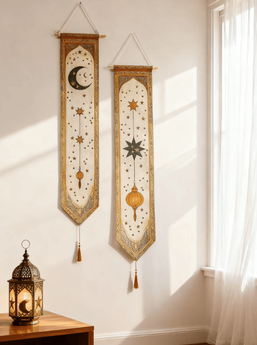 Islamic Ramadan Wall Banner Tapestry – Moon Star Lantern Eid Mubarak Decor for Home & Party