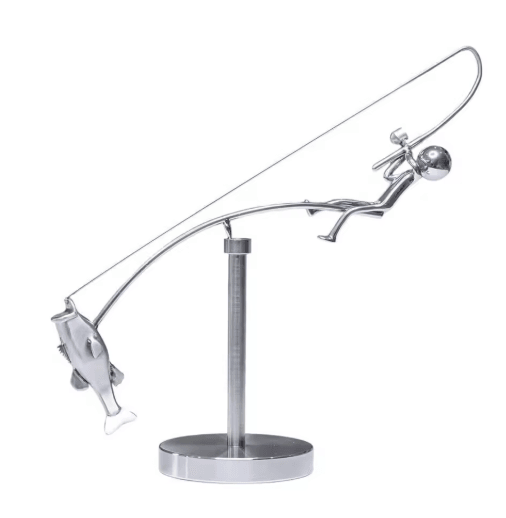 Handmade Kinetic Fishing Sculpture Metal Fisherman Balancing Desk Ornament