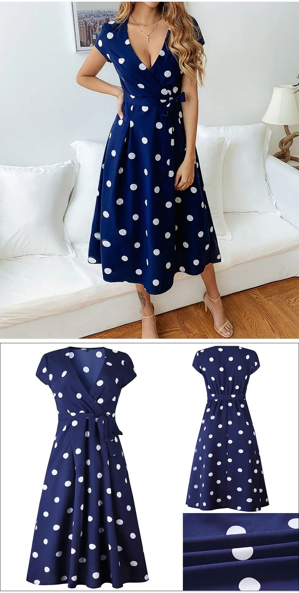 Women White Boho Polka Dot V Neck Summer Maxi Dress