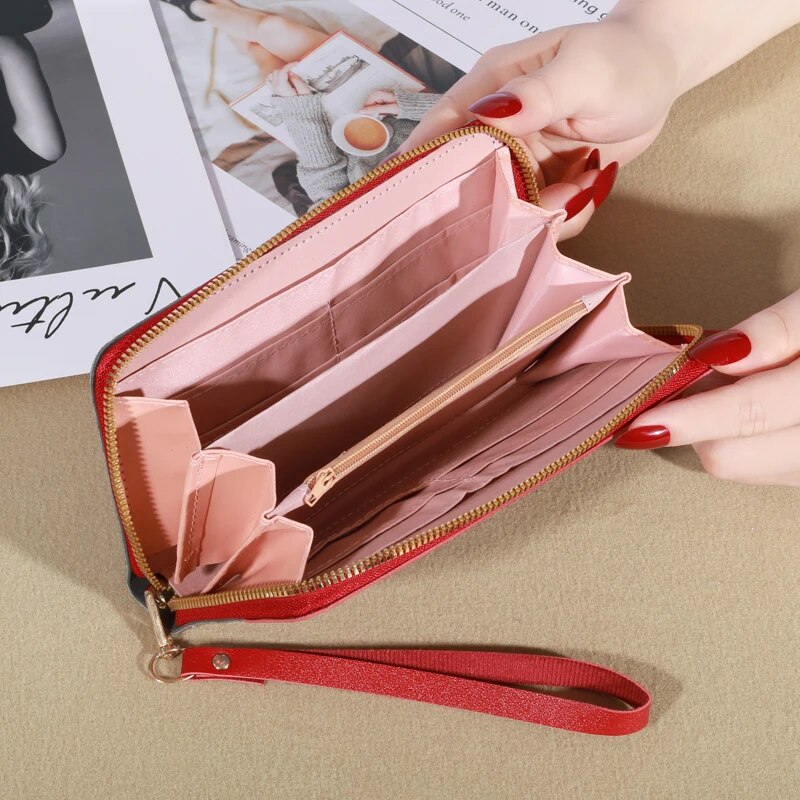 New Long Womens Zipper Wallet Stylish Korean Splicing Color Contrast Tassel & Rivet Detail