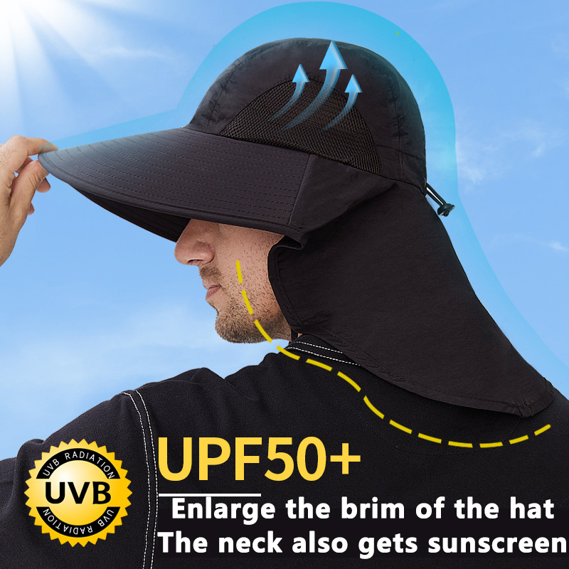 Men Wide Brim Jungle Hiking Hat with Neck Cover, Outdoor Quick Dry Fishing Bucket Hat for Sun Protection & Camping