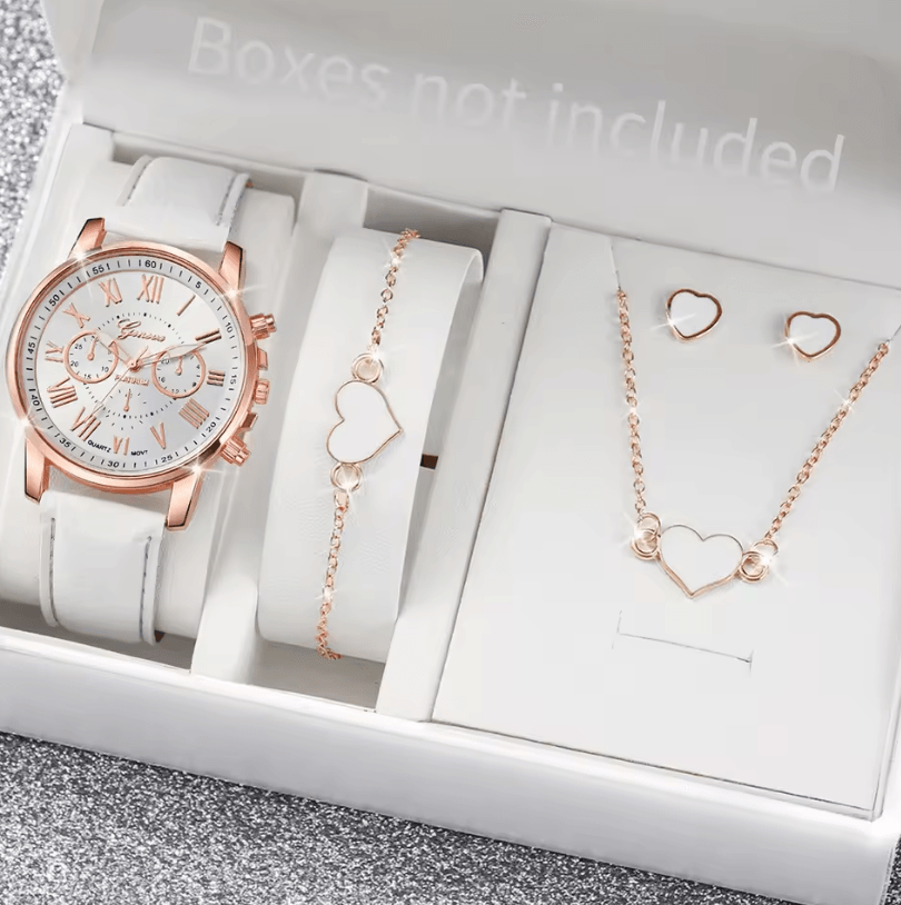 Fashion Womens Quartz Watch Set with Leather Bands and Heart Rhinestone Accent (5/6 PCS)