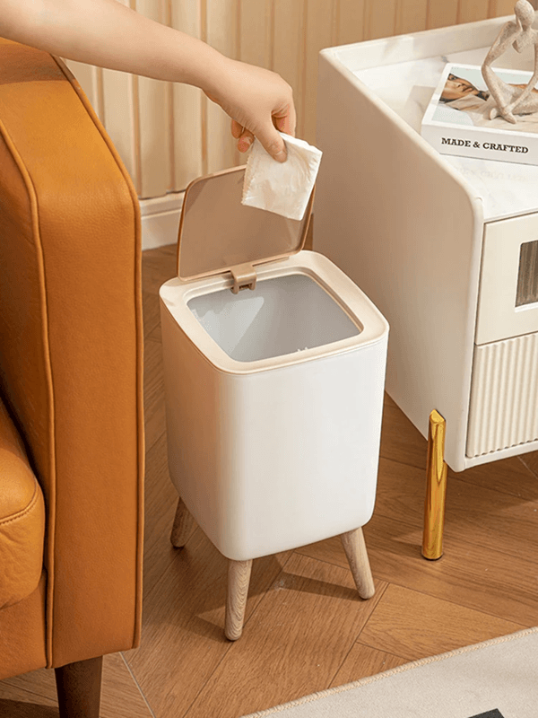 Modern Press Lid Trash Can with Wood Grain Design for Bedroom Bathroom and Living Room