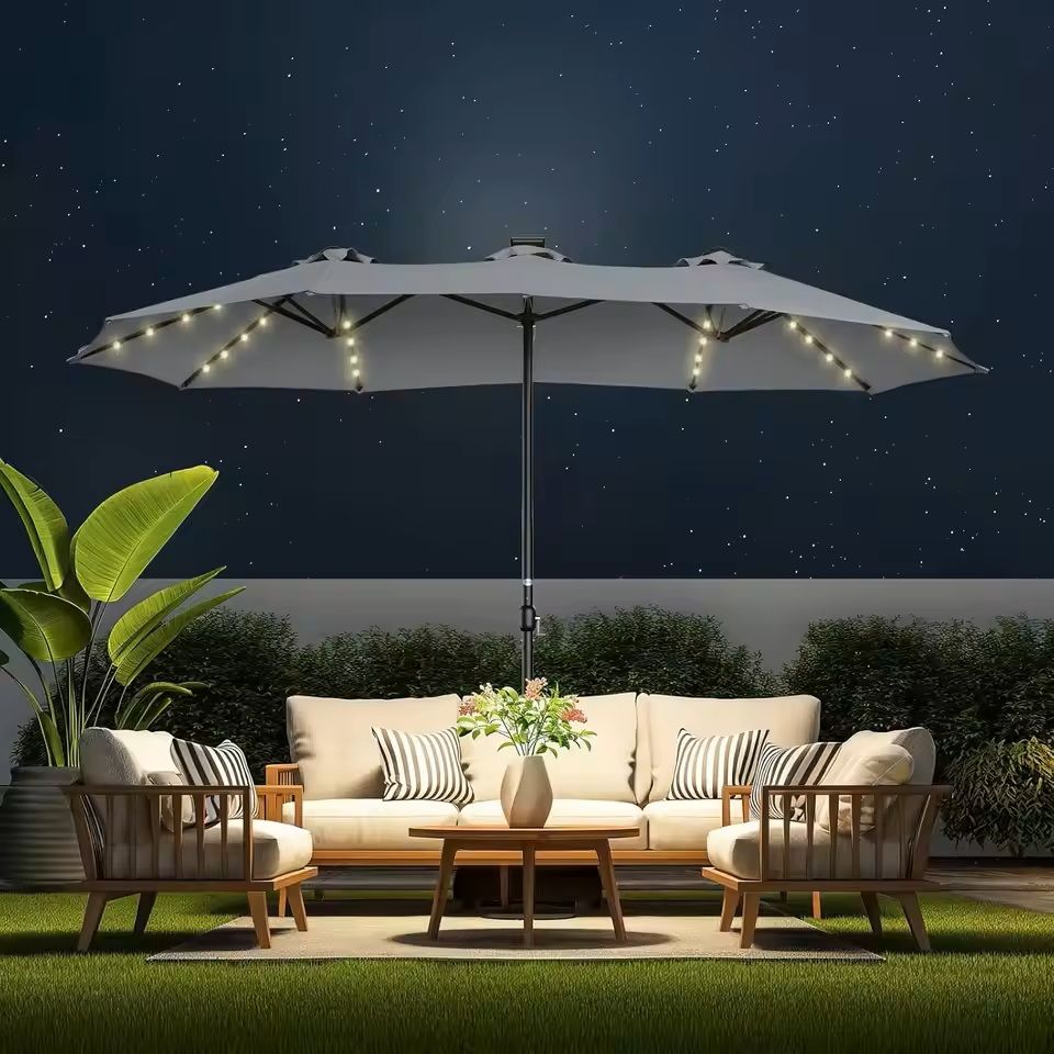 Extra Large Double Sided Patio Umbrella with Solar Lights and Base