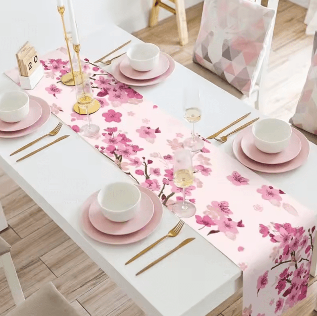 Spring Cherry Blossom Linen Table Runner – Elegant Floral Dining Decor for Farmhouse & Events