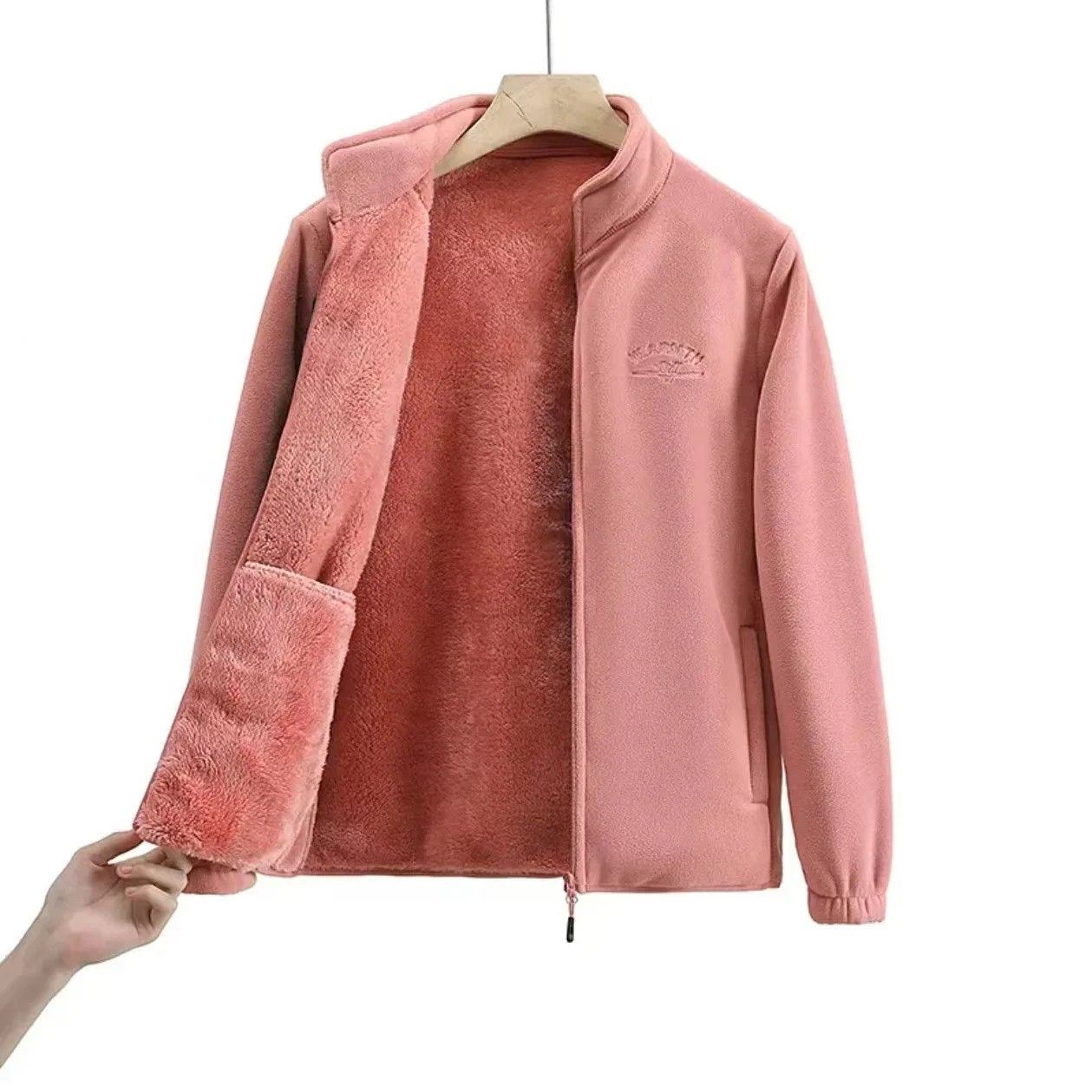 Winter Luxe Polar Fleece Letter Print Coat – Womens Loose Fit Wool-Liner Jacket