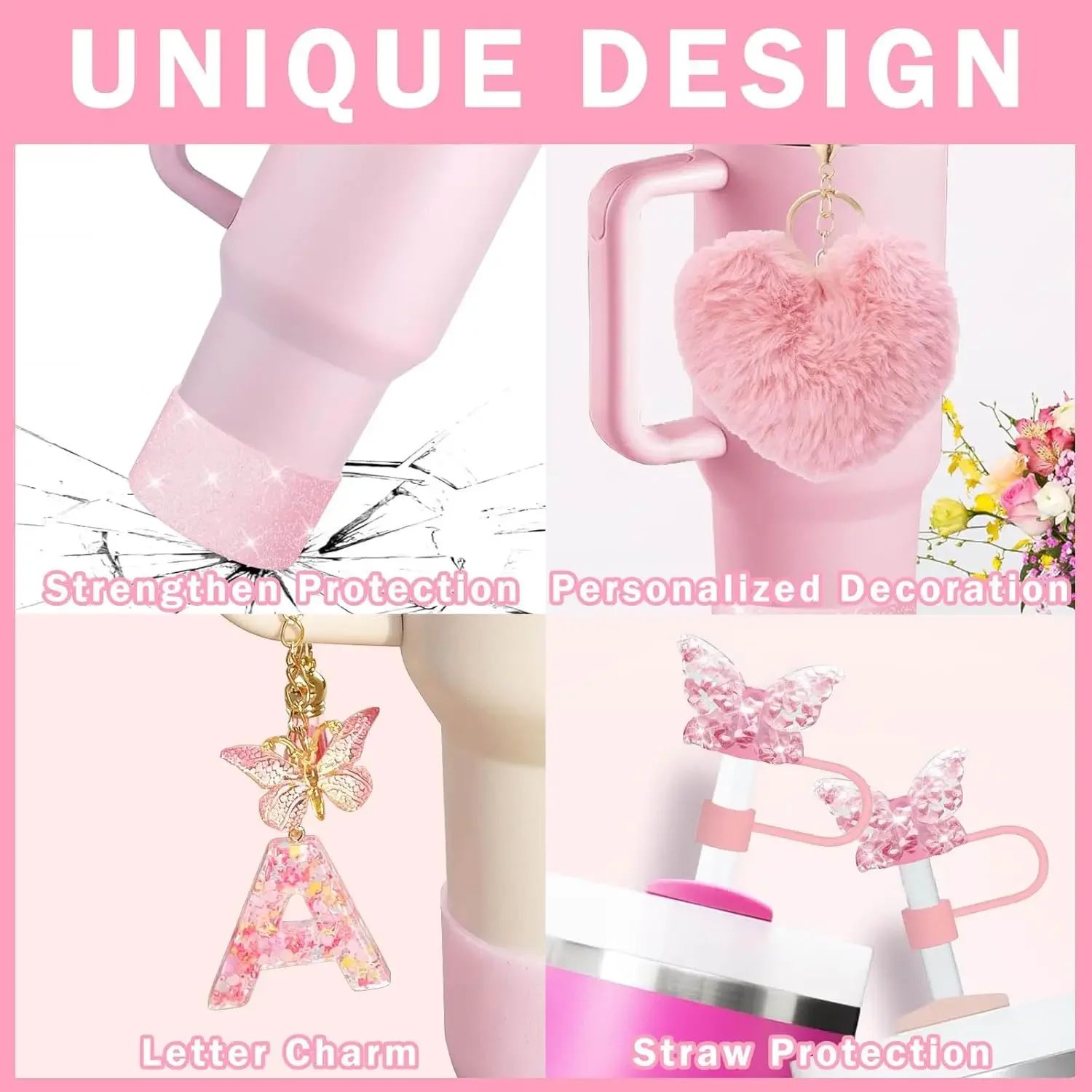 9pcs Stanley Cup Accessories Set – Silicone Boot, Butterfly Straw Cover, Spill-Proof Stopper & Initial Charm Kit