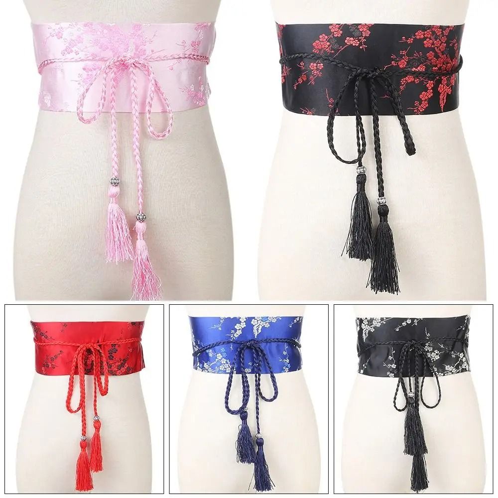 SakuraTie Japanese Floral Corset Obi Belt Satin Waist Cummerbund