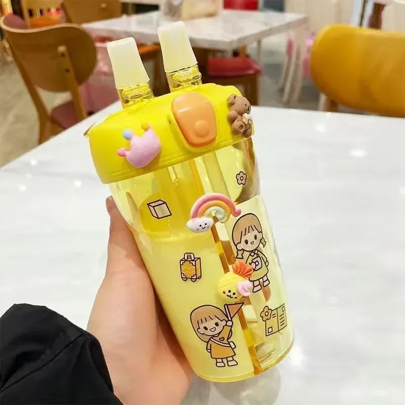 Kids Water Bottle with Double Straw Leak Proof Cute Plastic Bottle 430ml