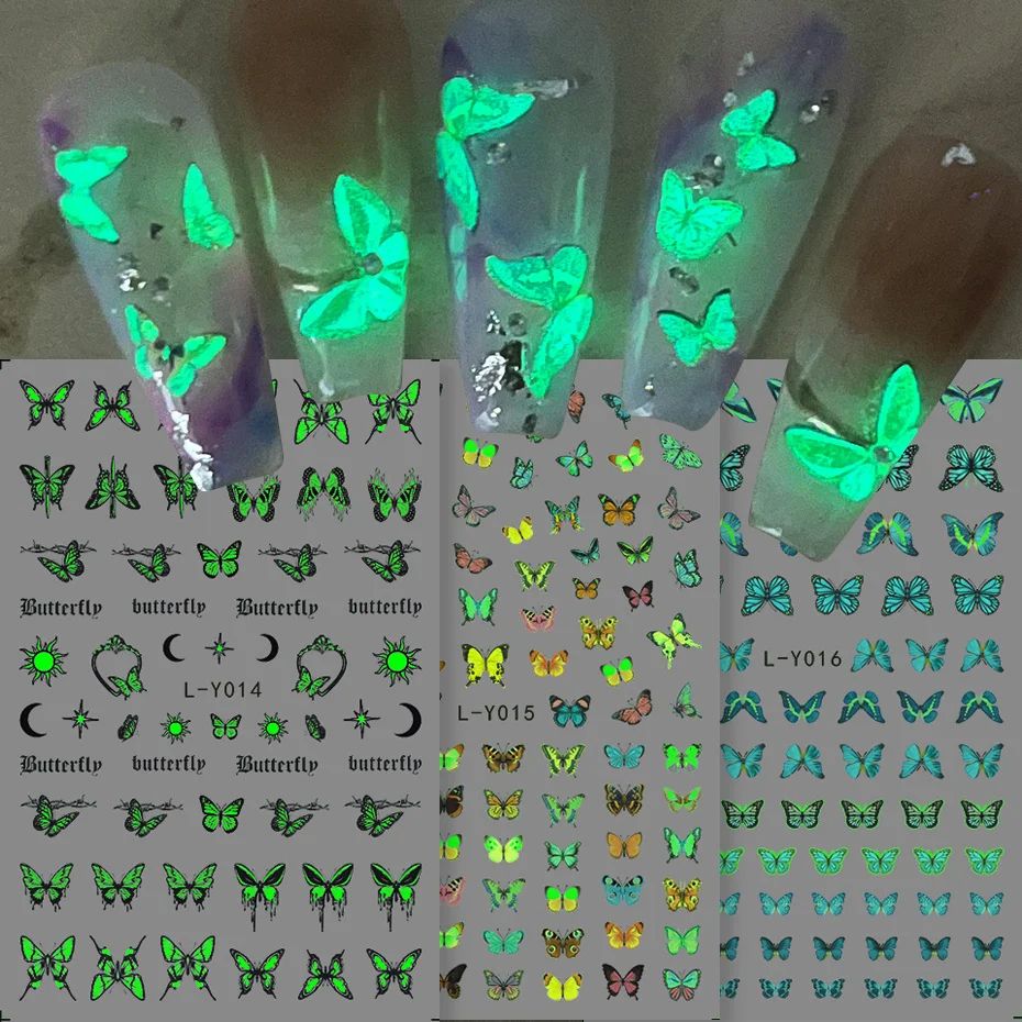 3-Piece Luminous Butterfly Nail Decal Stickers – Glow-In-The-Dark Nail Art Set