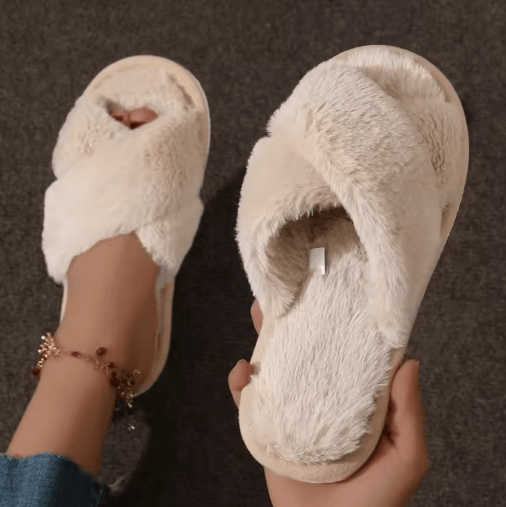 Womens Cross-Strap Faux Fur Slippers – Warm Plush Indoor Slides for Home Comfort