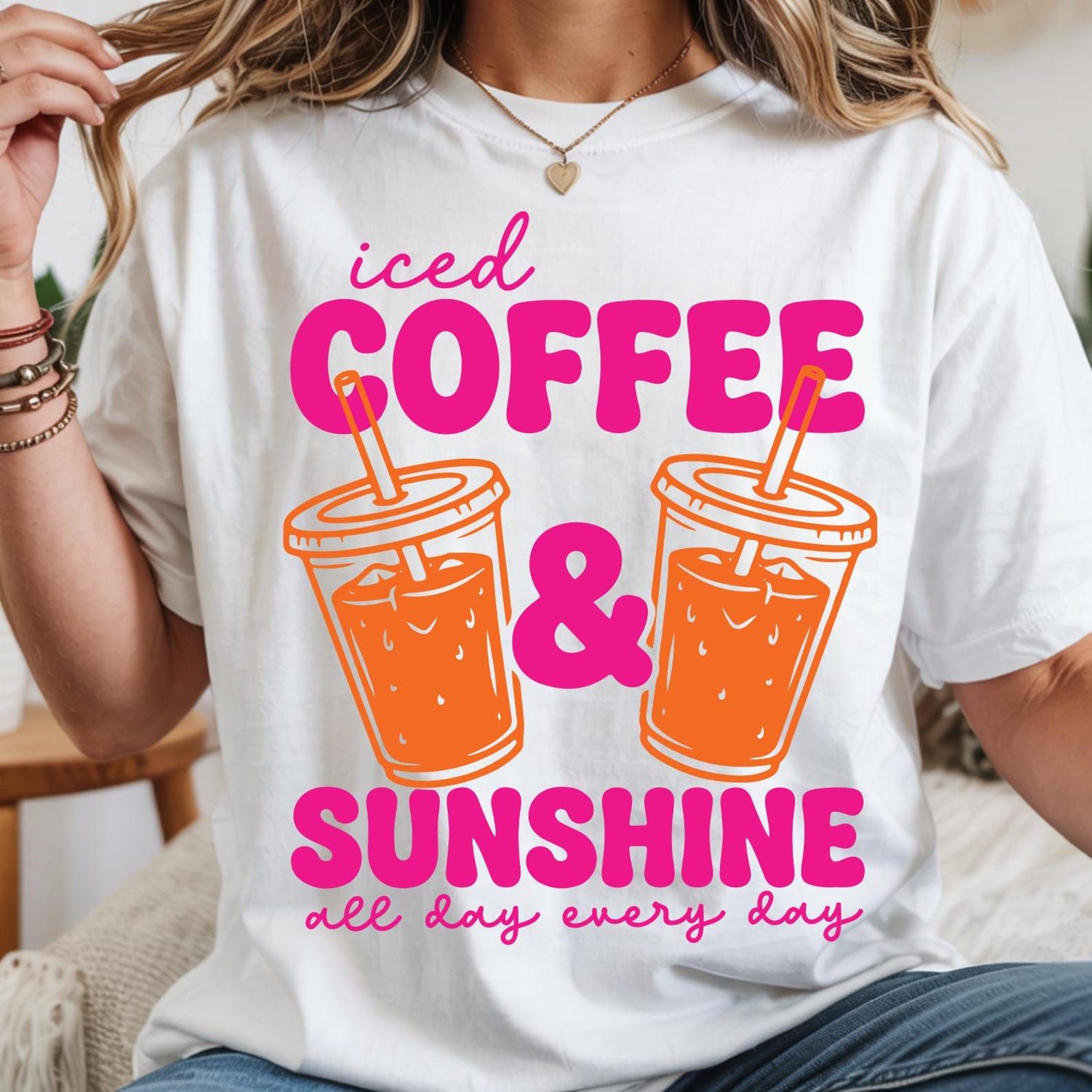 Iced Coffee and Sunshine Shirt Cute Coffee Lover Summer Graphic Tee Gift