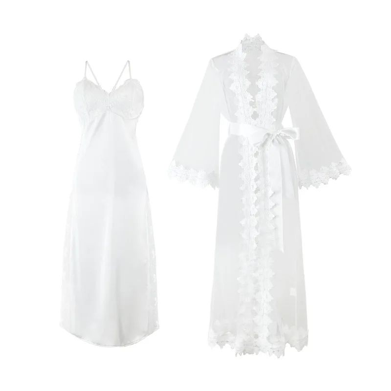 Women's Satin Lace Suspender Nightgown Sexy Mesh Silk Sleepwear Mid-Calf Loungewear Dress
