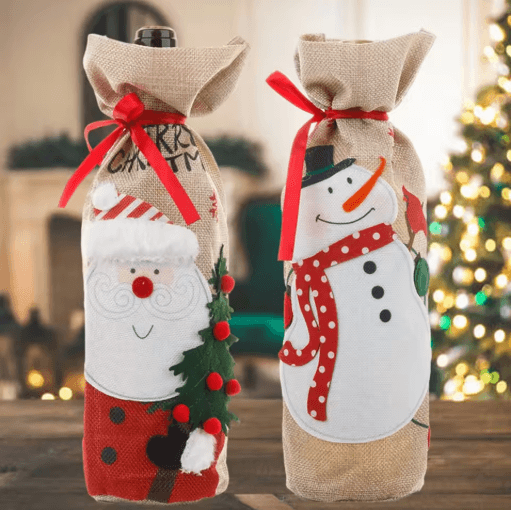 Merry Christmas Linen Wine Bottle Cover Rustic Holiday Bottle Decoration