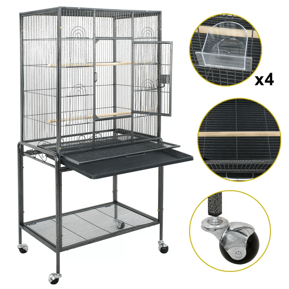 Large Black Wrought Iron Bird Cage with Wheels, Ideal for Parakeets, Cockatiels, and Small Parrots