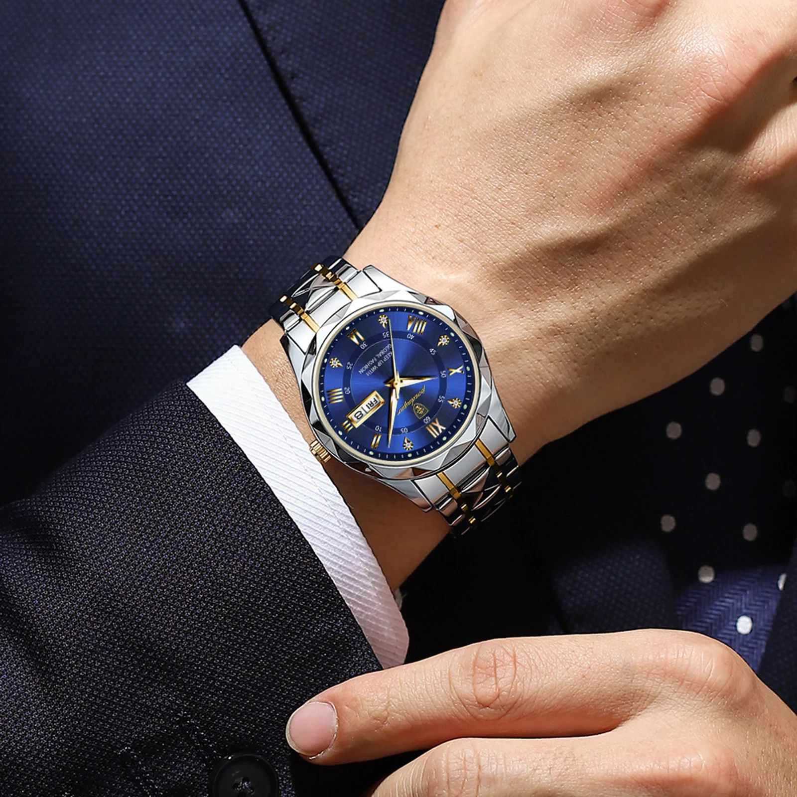 POEDAGAR 615 Luxury Waterproof Stainless Steel Men's Quartz Watch with Luminous Date & Week Display