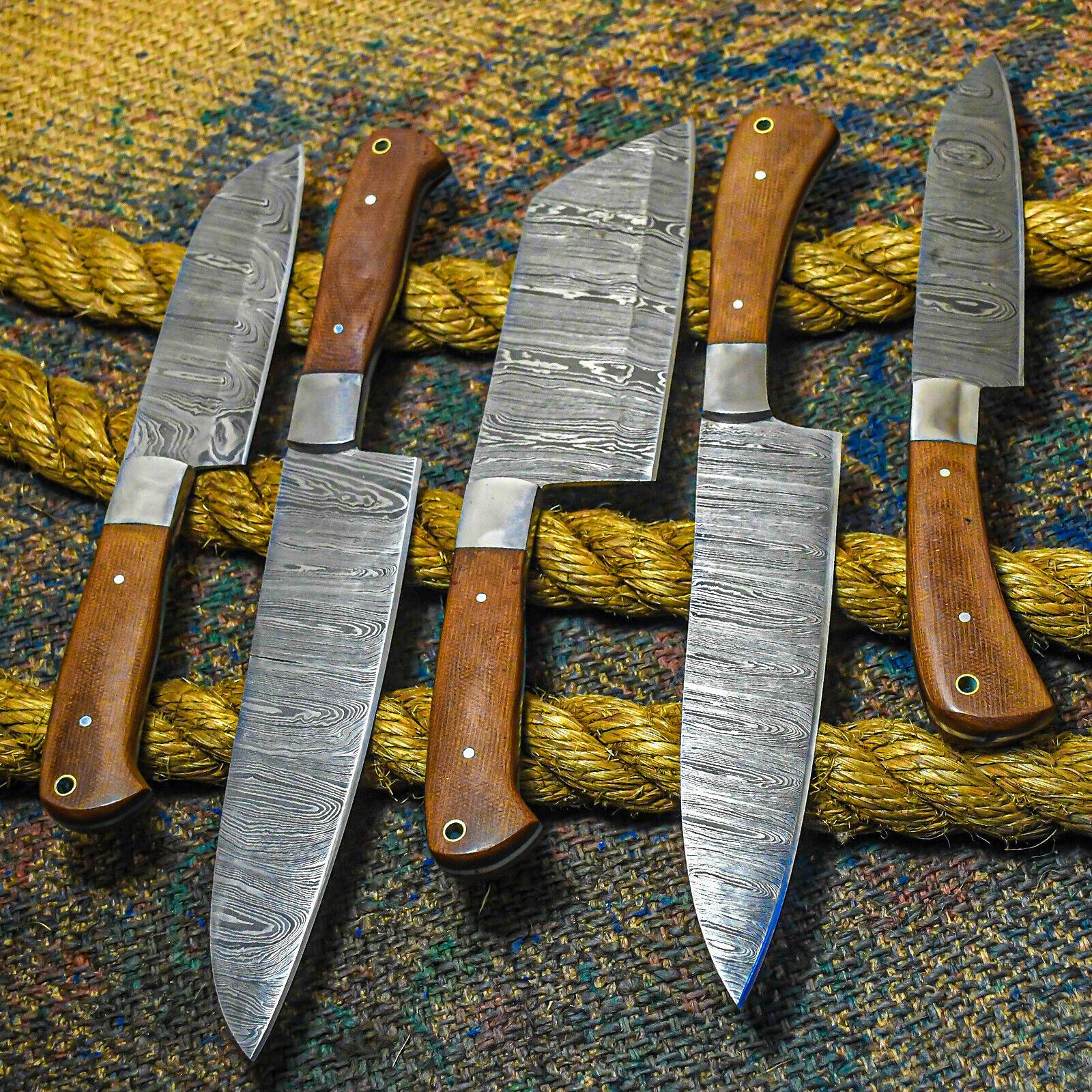 Custom Hand Forged Damascus Chef Knives Set of 5 with Leather Cover | Kitchen Cutlery