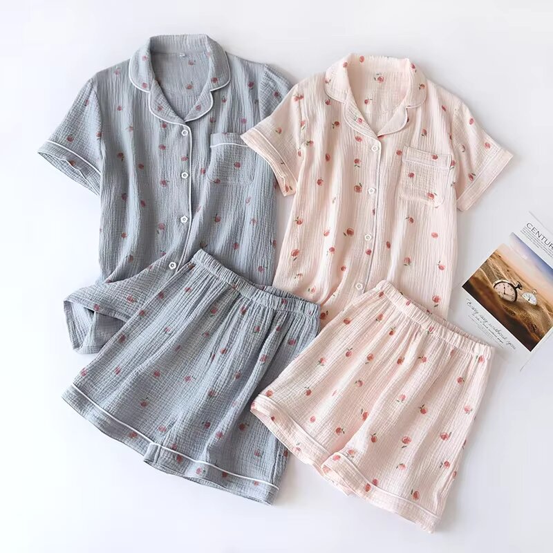 Summer Ladies Short-sleeved Pajamas Set, Cotton Crepe Cloth, Thin Two-piece Spring and Autumn Loose Shorts Home Service