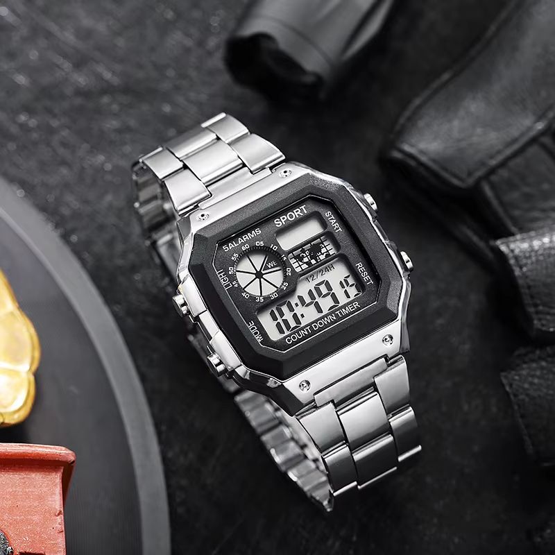 YIKAZE Stainless Steel LED Digital Sports Watch with Countdown Timer