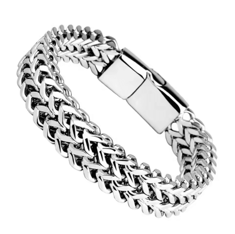 Stainless Steel Braided Bracelet – Double Row Fish Scale Magnetic Buckle Bracelet with Keel Detail (8.27-Inch Length)