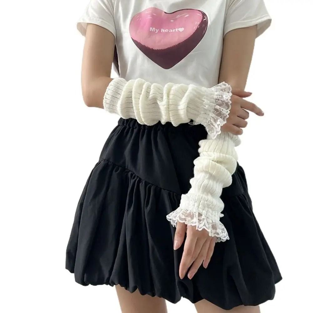 Elegant Lace-Trimmed Knitted Arm Warmers - Lolita & Harajuku Style