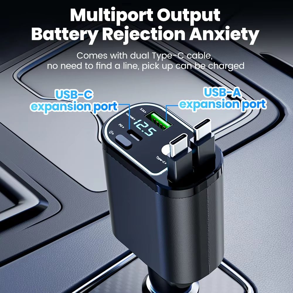 4 in 1 Retractable Car Charger With Dual Built In Cables and Star Light Effect